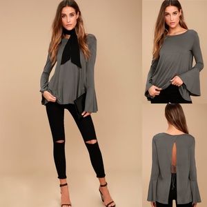 Lulus Grey Long Steve Open Back Bell Sleeve Top